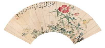 汪溶 丙戌（1946年）作 花鸟扇面 镜心